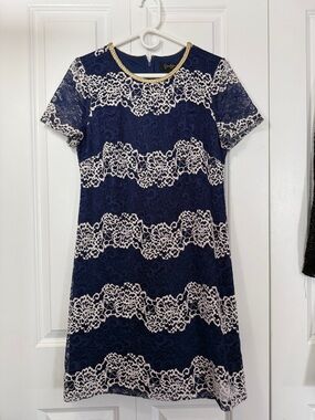 Jessica Simpson Navy and Cream Lace Shift Dress with Gold Trim (Never-worn)
